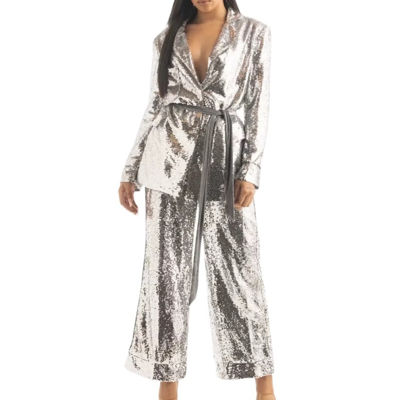 New ~ Nichole Lynel The Label ~ Nye Luxe Tux Sequin Suit Silver Wide Leg S